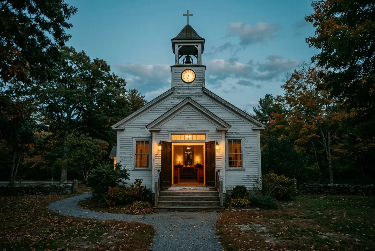 The front of a small country church at dusk, warm light spilling from its open door