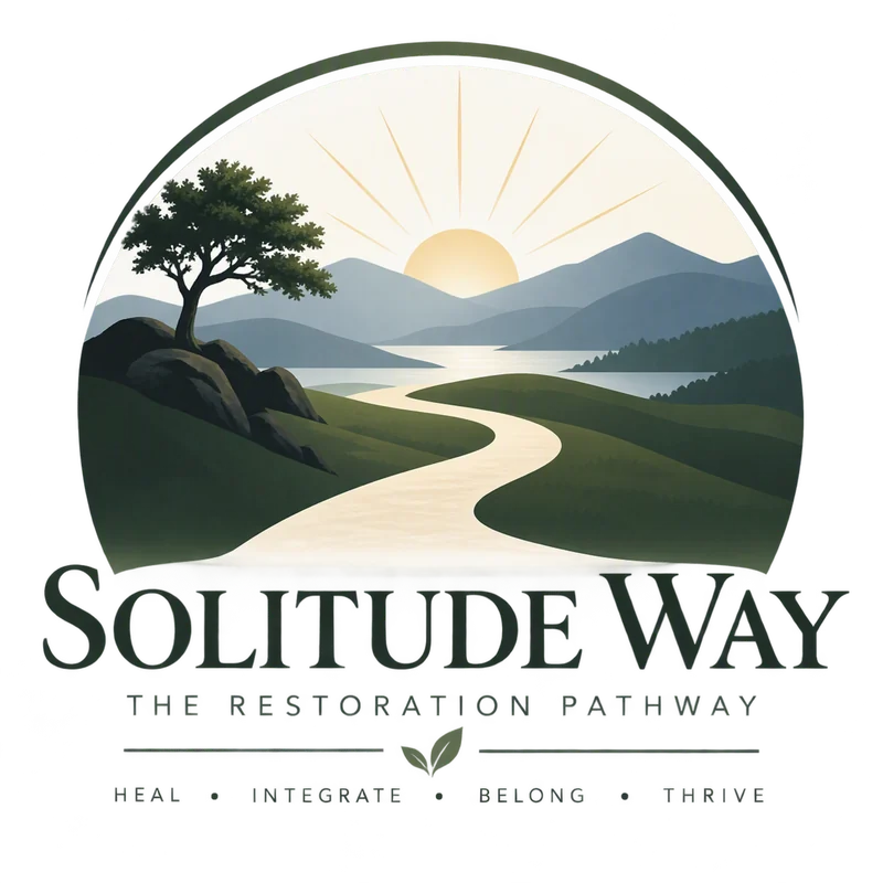 The Solitude Way emblem — a winding path through green hills toward the sunrise